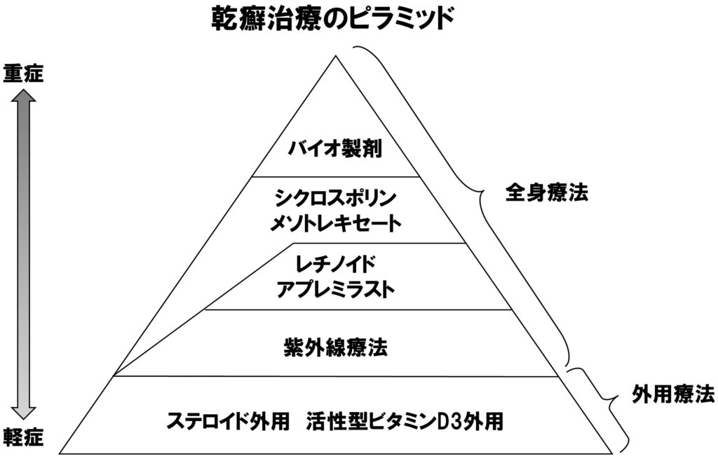 図１：乾癬治療のピラミッド／症状や生活スタイルに合わせて治療法を選択します。