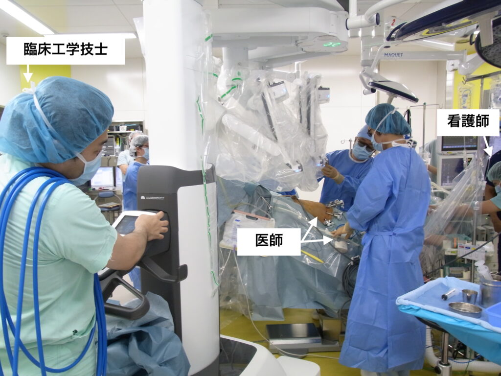 写真４：ダ・ヴィンチ手術のセットアップ風景（ロボットをドッキングするところ）