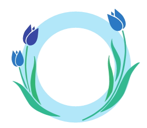 図：糖尿病センターのロゴマークは、世界糖尿病デーのシンボルである「ブルーサークル」と、富山県の県花であるチューリップ(花言葉は「思いやり」)を示します。３本のチューリップは「団結」「生命」「健康」を示します。思いやりの気持ちをもち、団結して富山県の糖尿病診療を進めていきます。